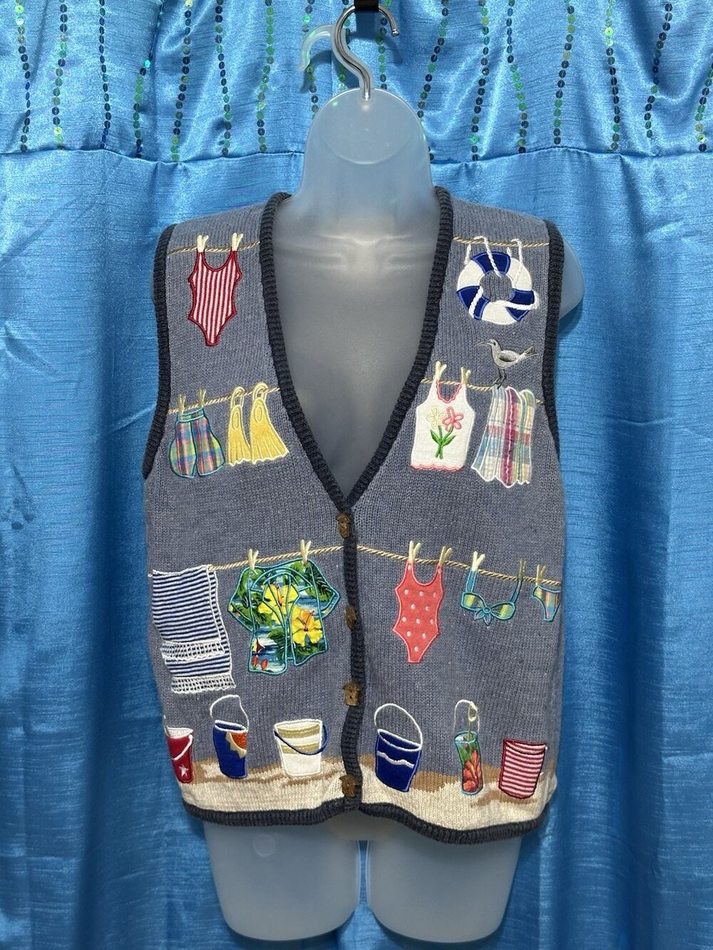 VTG Mandal Bay Womens S Summer Theme Cardigan Sweater Vest Beach Wood Buttons